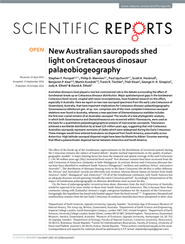 New Australian Sauropods Shed Light on Cretaceous Dinosaur Palaeobiogeography Received: 15 April 2016 Stephen F