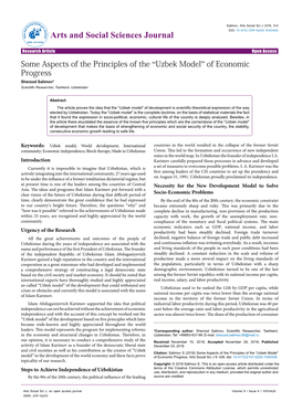 Uzbek Model” of Economic Progress Sherzod Salimov* Scientific Researcher, Tashkent, Uzbekistan