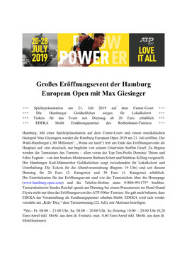 Großes Eröffnungsevent Der Hamburg European Open Mit Max Giesinger