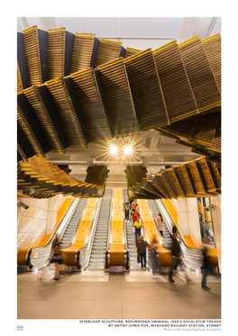 INTERLOOP SCULPTURE, REPURPOSED ORIGINAL 1930'S ESCALATOR TREADS by ARTIST CHRIS FOX, WYNYARD RAILWAY STATION, SYDNEY Photo Cr