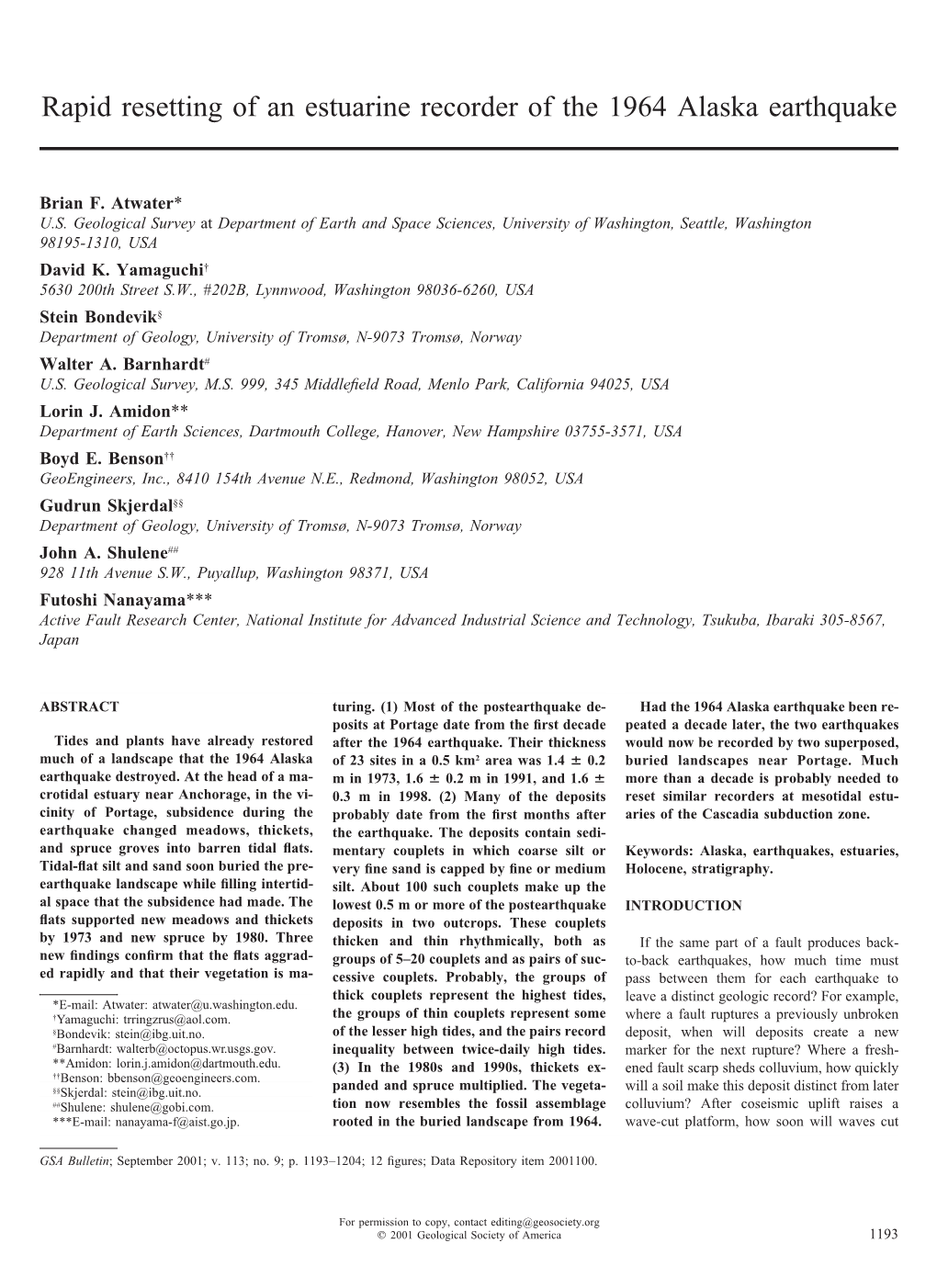 Rapid Resetting of an Estuarine Recorder of the 1964 Alaska Earthquake