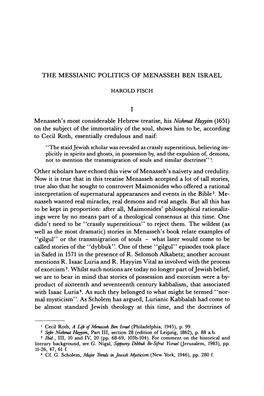 The Messianic Politics of Menasseh Ben Israel I