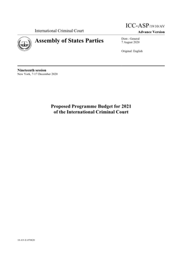 ICC-ASP/19/10/AV International Criminal Court Advance Version Distr.: General Assembly of States Parties 7 August 2020