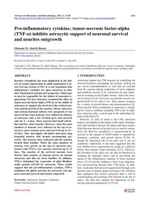 (TNF-Α) Inhibits Astrocytic Support of Neuronal Survival and Neurites Outgrowth