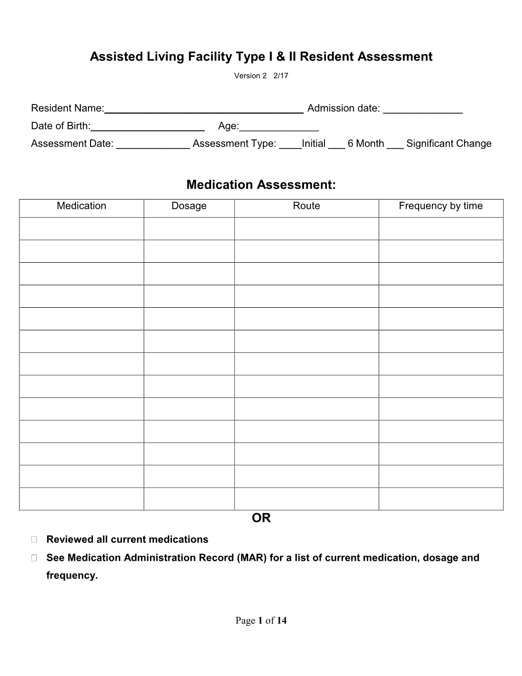 Assisted Living Facility Type I & II- Resident Assessment