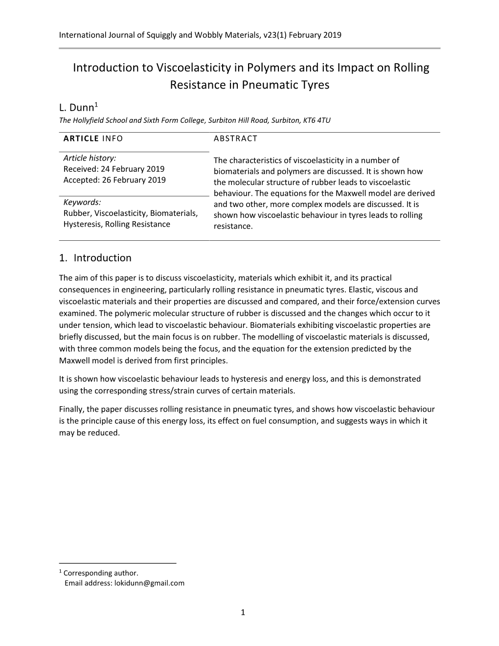 Introduction to Viscoelasticity in Polymers and Its Impact on Rolling Resistance in Pneumatic Tyres L