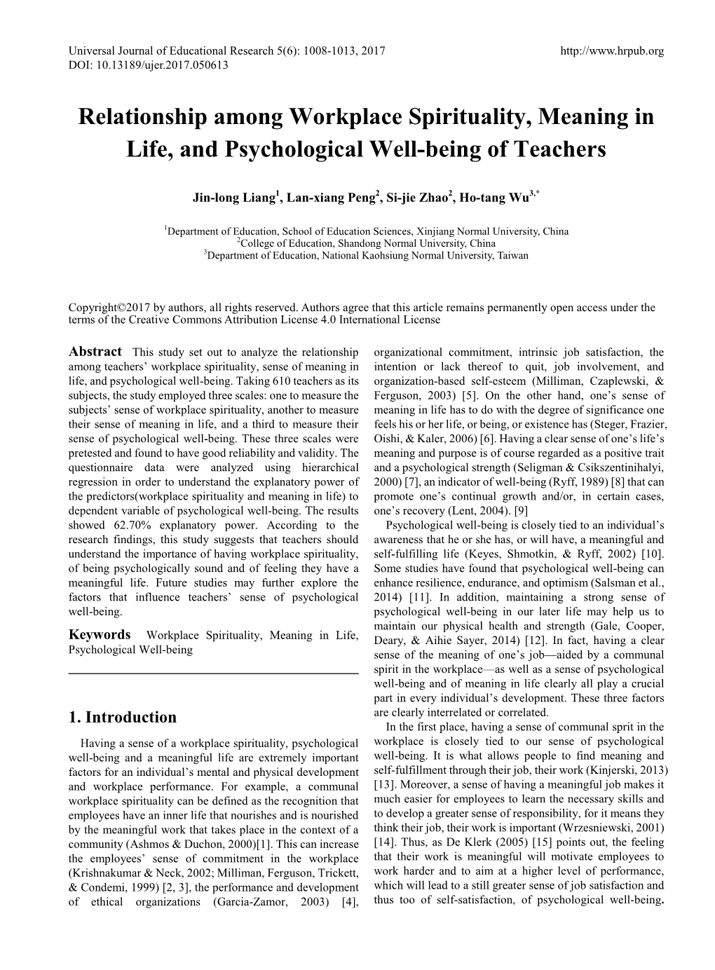 Relationship Among Workplace Spirituality, Meaning in Life, and Psychological Well-Being of Teachers