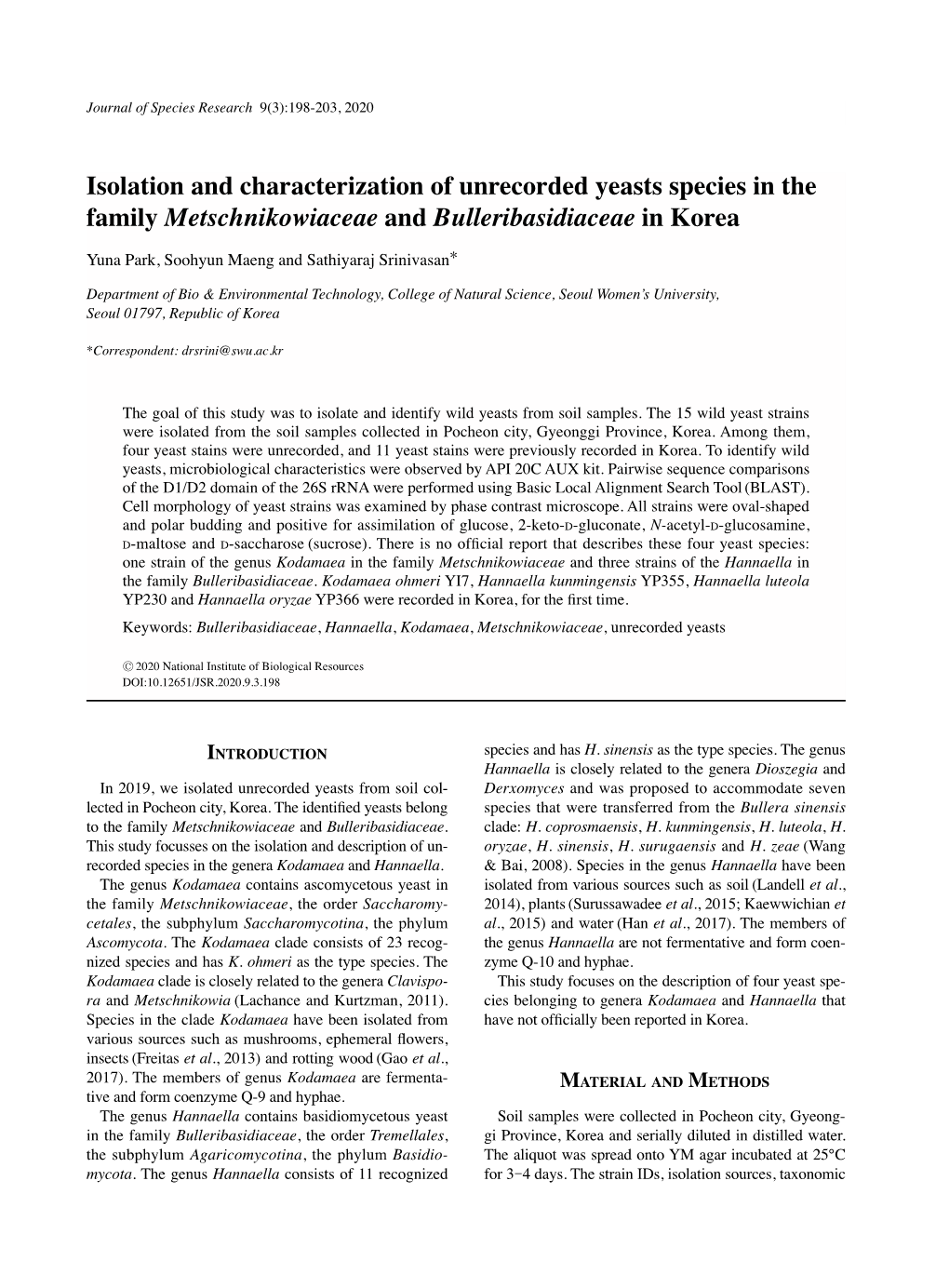 Isolation and Characterization of Unrecorded Yeasts Species in the Family Metschnikowiaceae and Bulleribasidiaceae in Korea