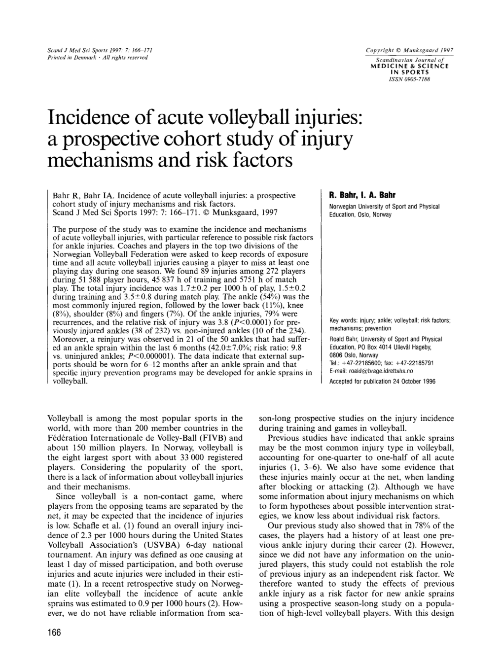 Incidence of Acute Volleyball Injuries: a Prospective Cohort Study of Injury Mechanisms and Risk Factors