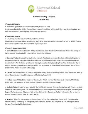 Summer Reading List 2021 Grades 5-6