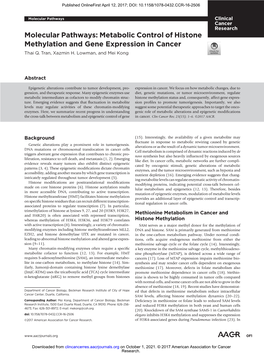 Metabolic Control of Histone Methylation and Gene Expression in Cancer Thai Q