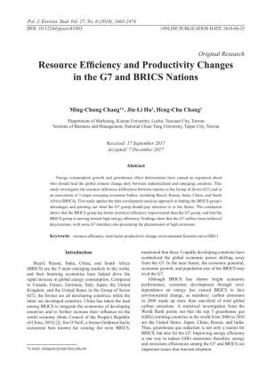 Resource Efficiency and Productivity Changes in the G7 and BRICS Nations