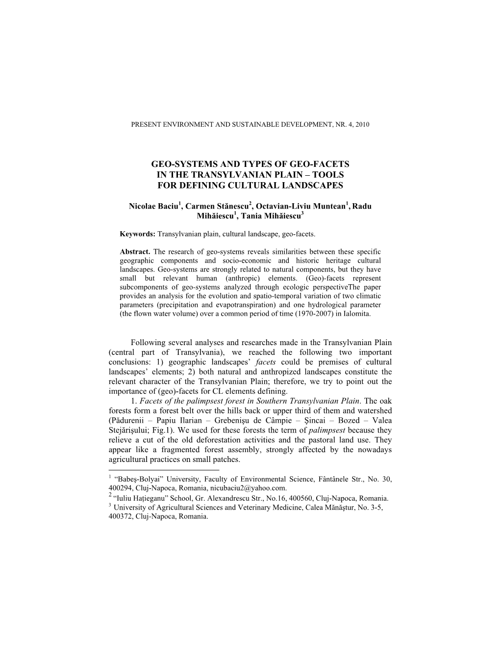 Geo-Systems and Types of Geo-Facets in Te Transylvanian Plain