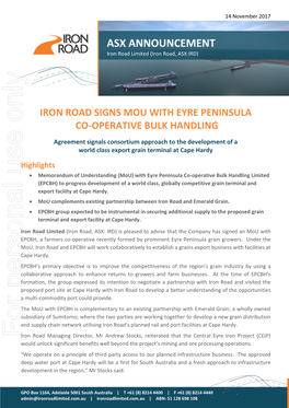 ASX ANNOUNCEMENT Iron Road Limited (Iron Road, ASX:IRD)