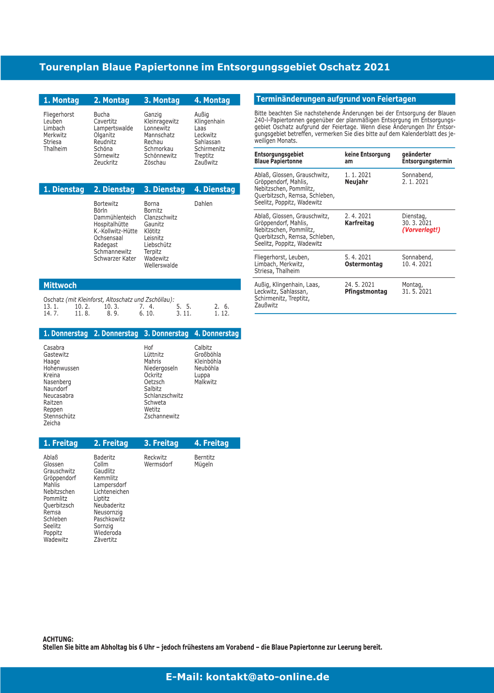 Tourenplan Blaue Papiertonne Im Entsorgungsgebiet Oschatz 2021 E-Mail: Kontakt@Ato-Online.De