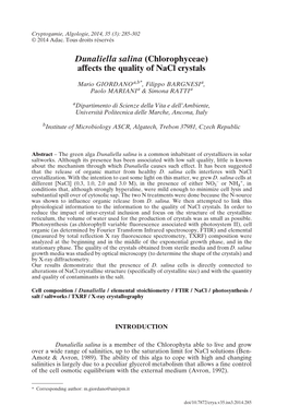 Dunaliella Salina (Chlorophyceae) Affects the Quality of Nacl Crystals