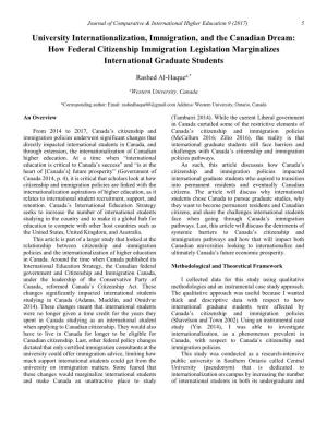 University Internationalization, Immigration, and the Canadian Dream: How Federal Citizenship Immigration Legislation Marginalizes International Graduate Students
