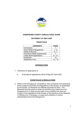 1 SHROPSHIRE COUNTY AGRICULTURAL SHOW SATURDAY 23Rd MAY 2020 TRADE PACK CONTENTS PAGE Introduction 1 Show Rules & Regulatio