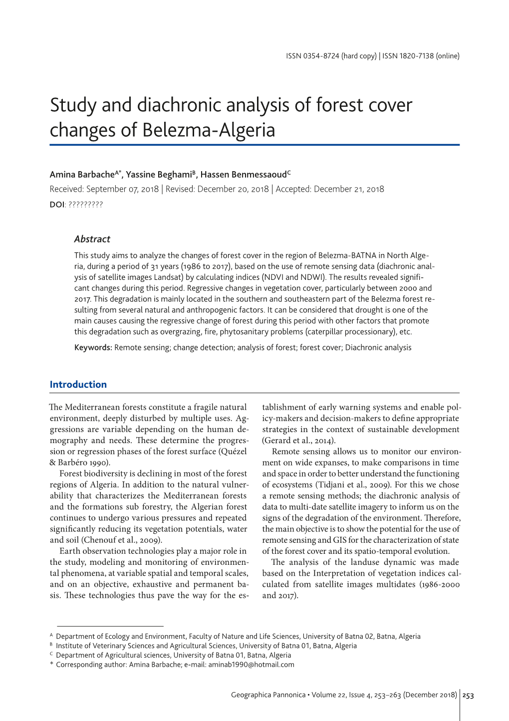 Study and Diachronic Analysis of Forest Cover Changes of Belezma-Algeria