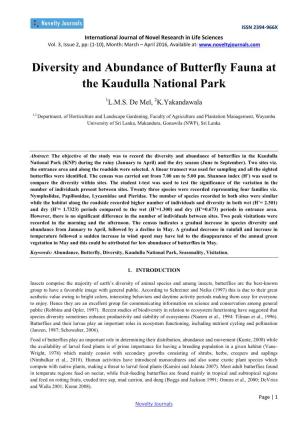 Diversity and Abundance of Butterfly Fauna at the Kaudulla National Park