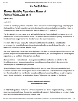 Thomas Hofeller, Republican Master of Political Maps, Dies at 75 - the New York Times