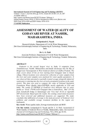 Assessment of Water Quality of Godavari River at Nashik, Maharashtra, India