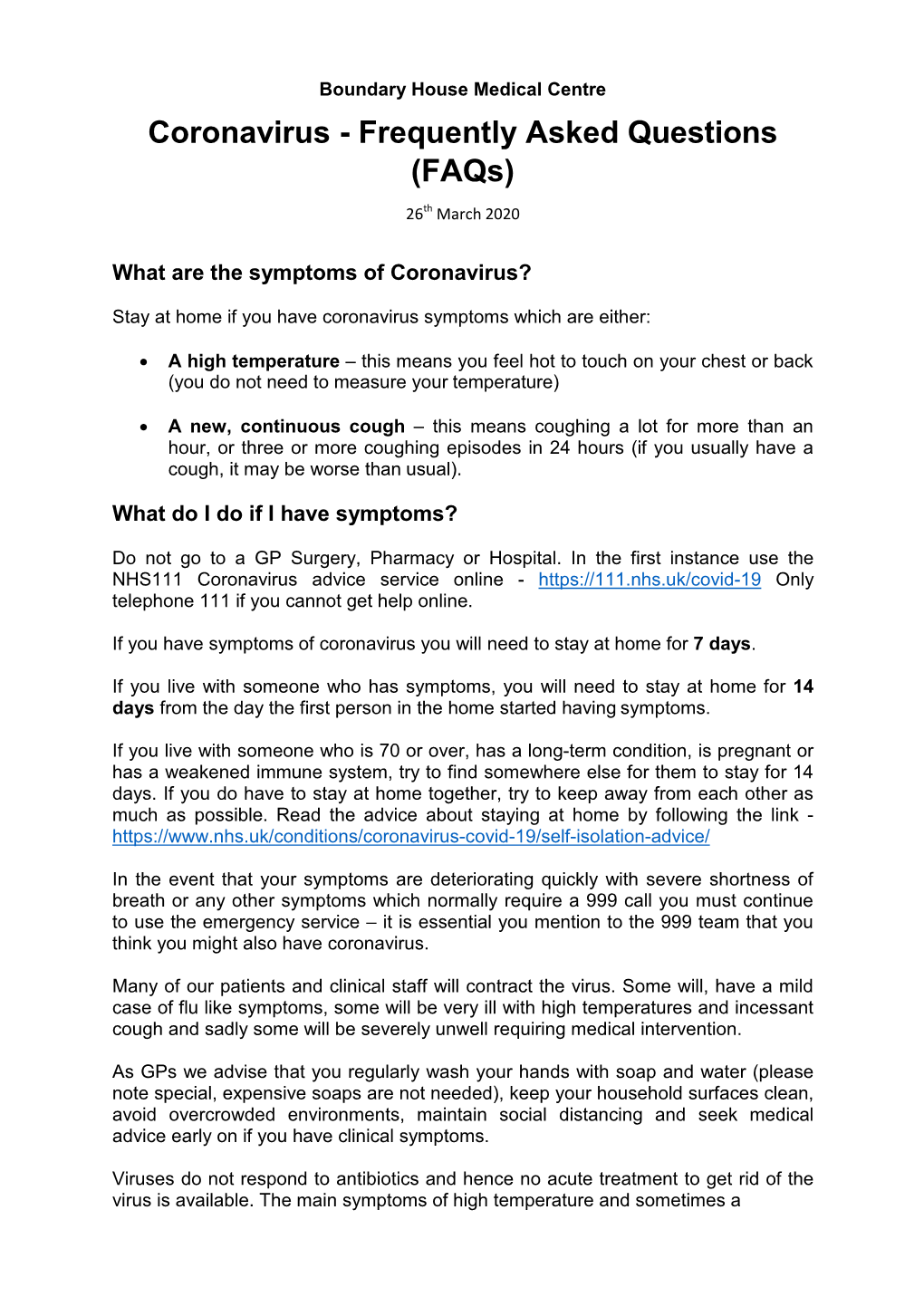 Coronavirus - Frequently Asked Questions (Faqs)