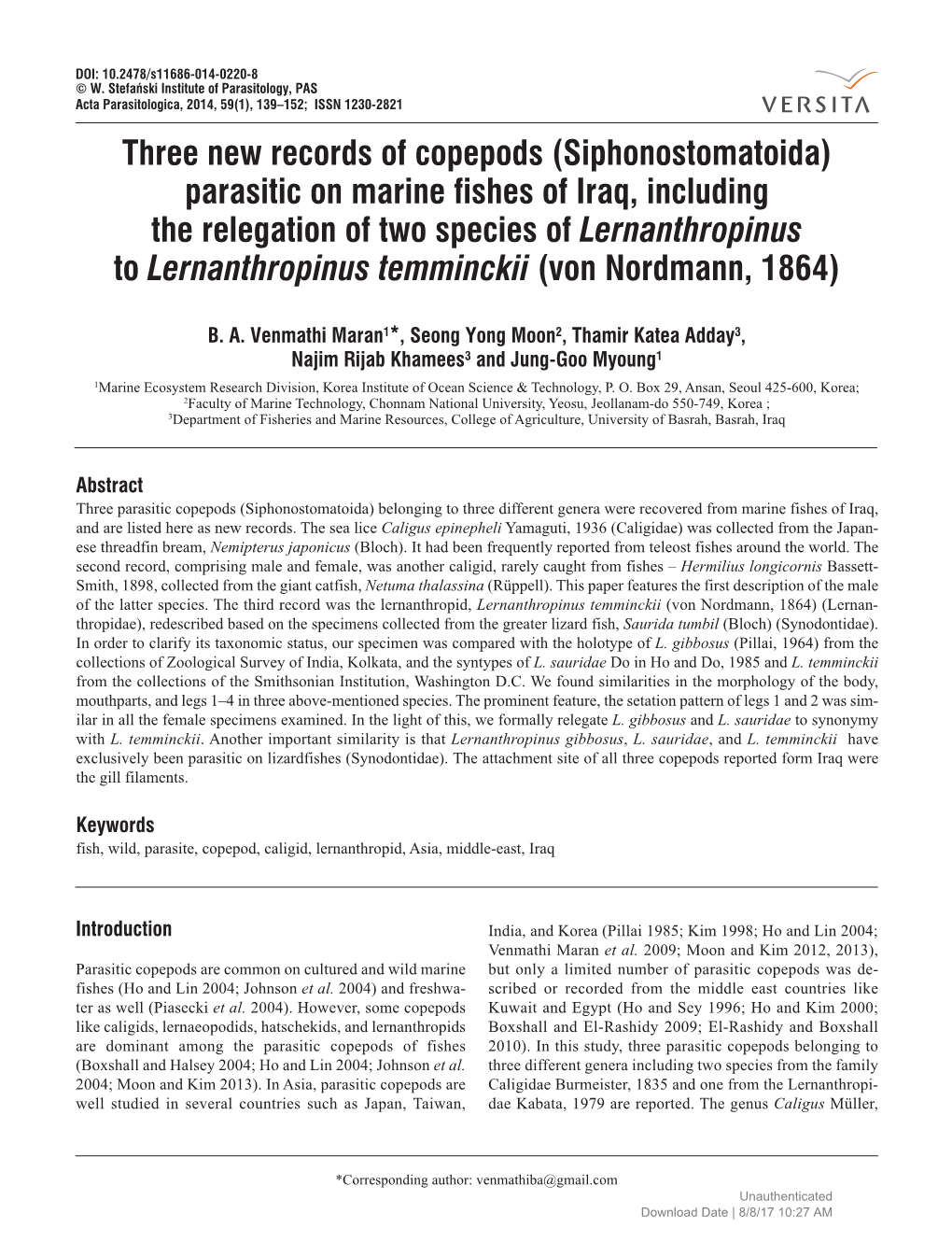 Siphonostomatoida) Parasitic on Marine Fishes of Iraq, Including the Relegation of Two Species of Lernanthropinus to Lernanthropinus Temminckii (Von Nordmann, 1864