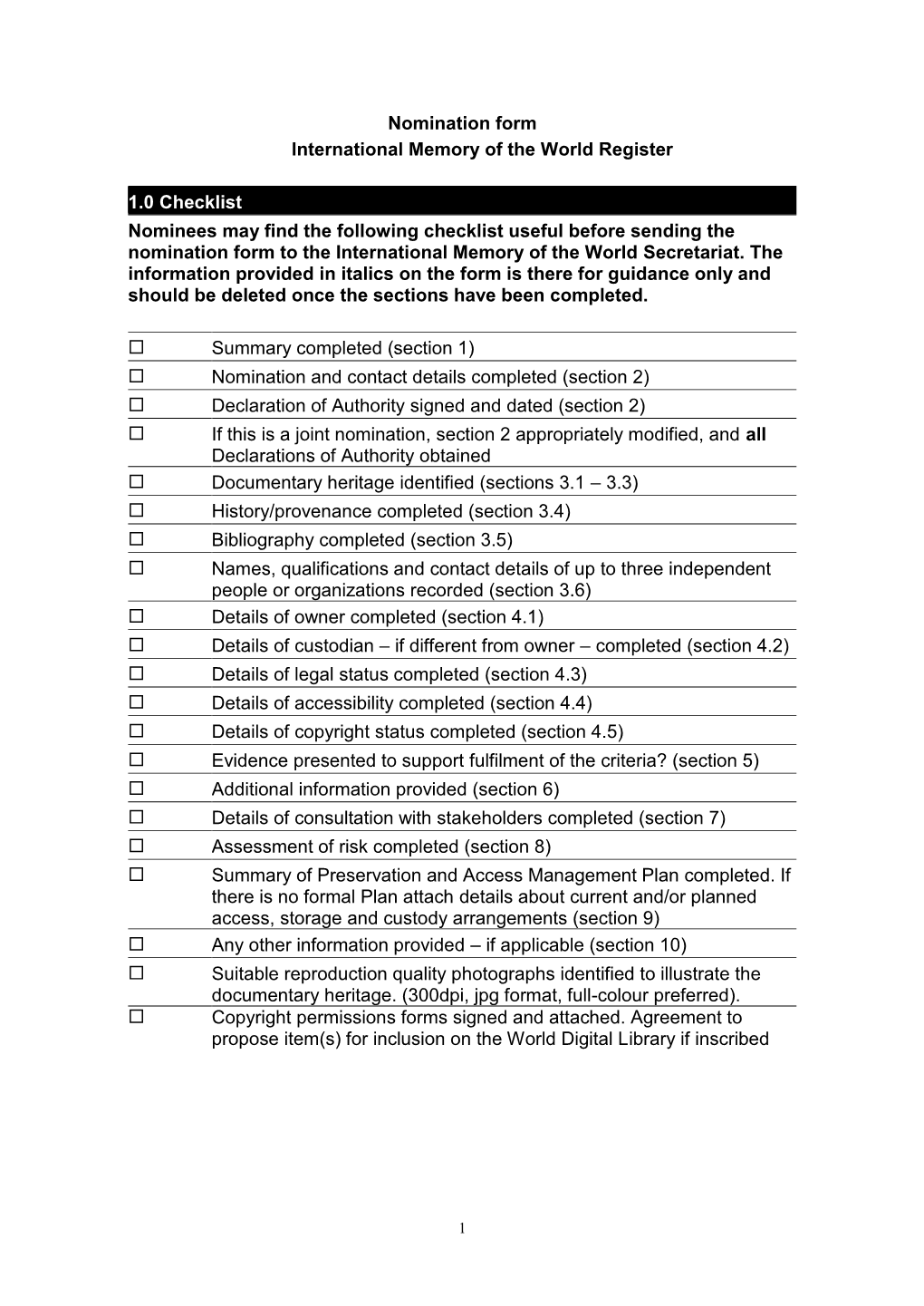 Nomination Form International Memory of the World Register