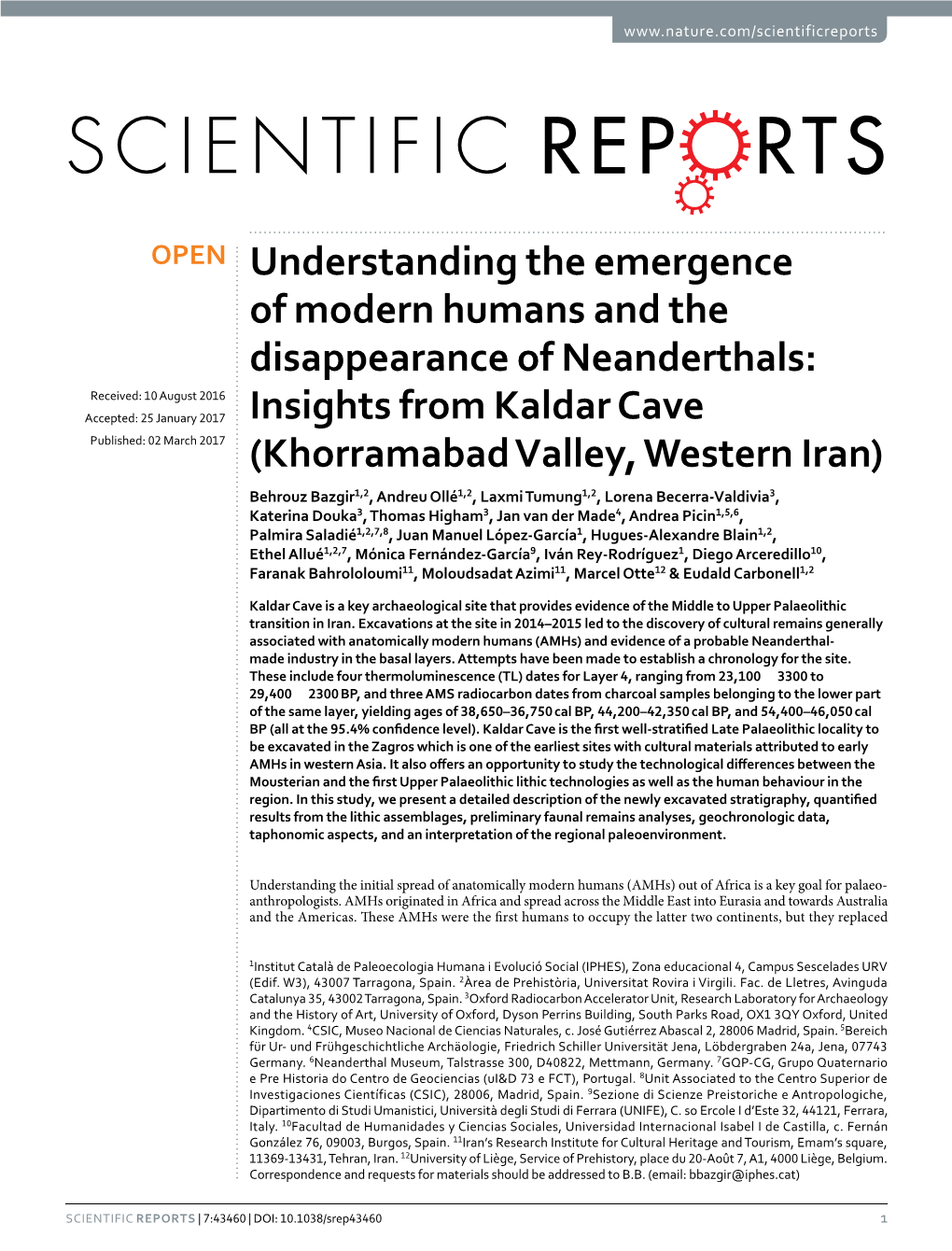 Insights from Kaldar Cave (Khorramabad Valley, Western Iran)