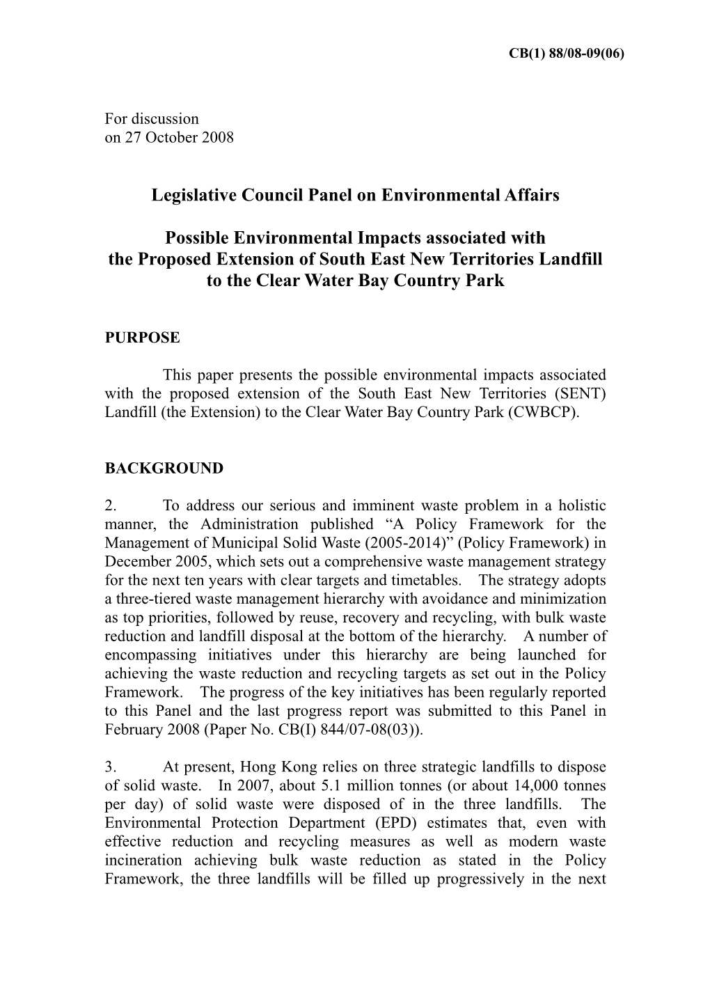 Legislative Council Panel on Environmental Affairs Possible