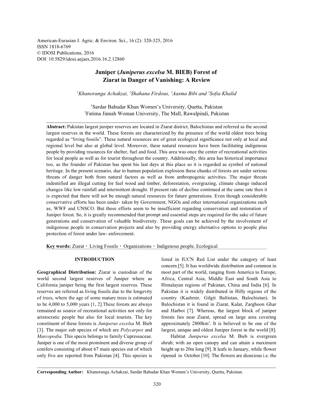 Juniper (Juniperus Excelsa M. BIEB) Forest of Ziarat in Danger of Vanishing: a Review