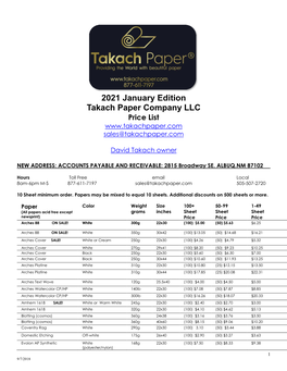 2021 January Edition Takach Paper Company LLC Price List Sales@Takachpaper.Com