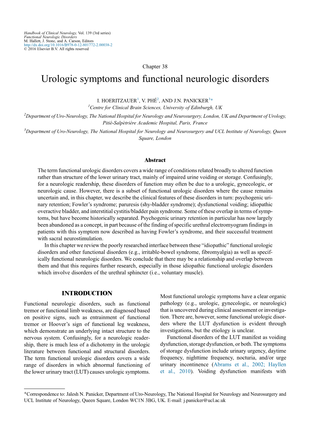 Urologic Symptoms and Functional Neurologic Disorders