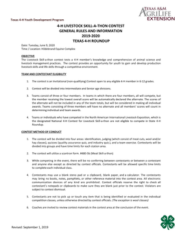 4-H LIVESTOCK SKILL-A-THON CONTEST GENERAL RULES and INFORMATION 2019-2020 TEXAS 4-H ROUNDUP Date: Tuesday, June 9, 2020 Time / Location: Hildebrand Equine Complex