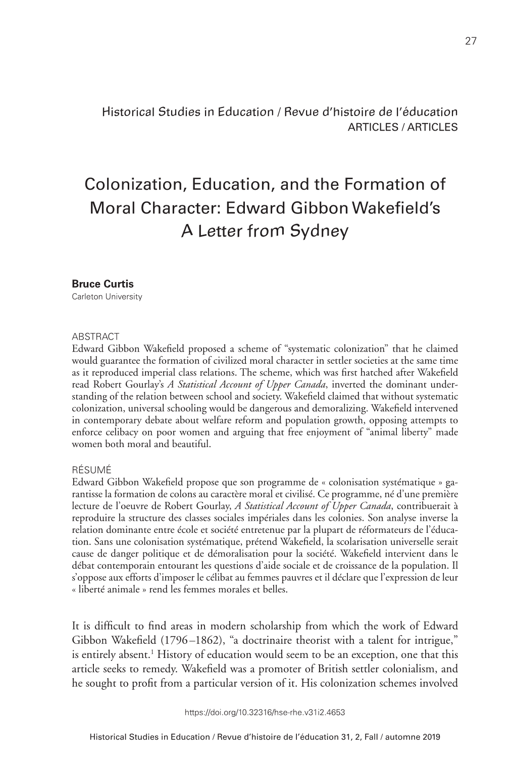 Colonization, Education, and the Formation of Moral Character: Edward Gibbon Wakefield's a Letter from Sydney