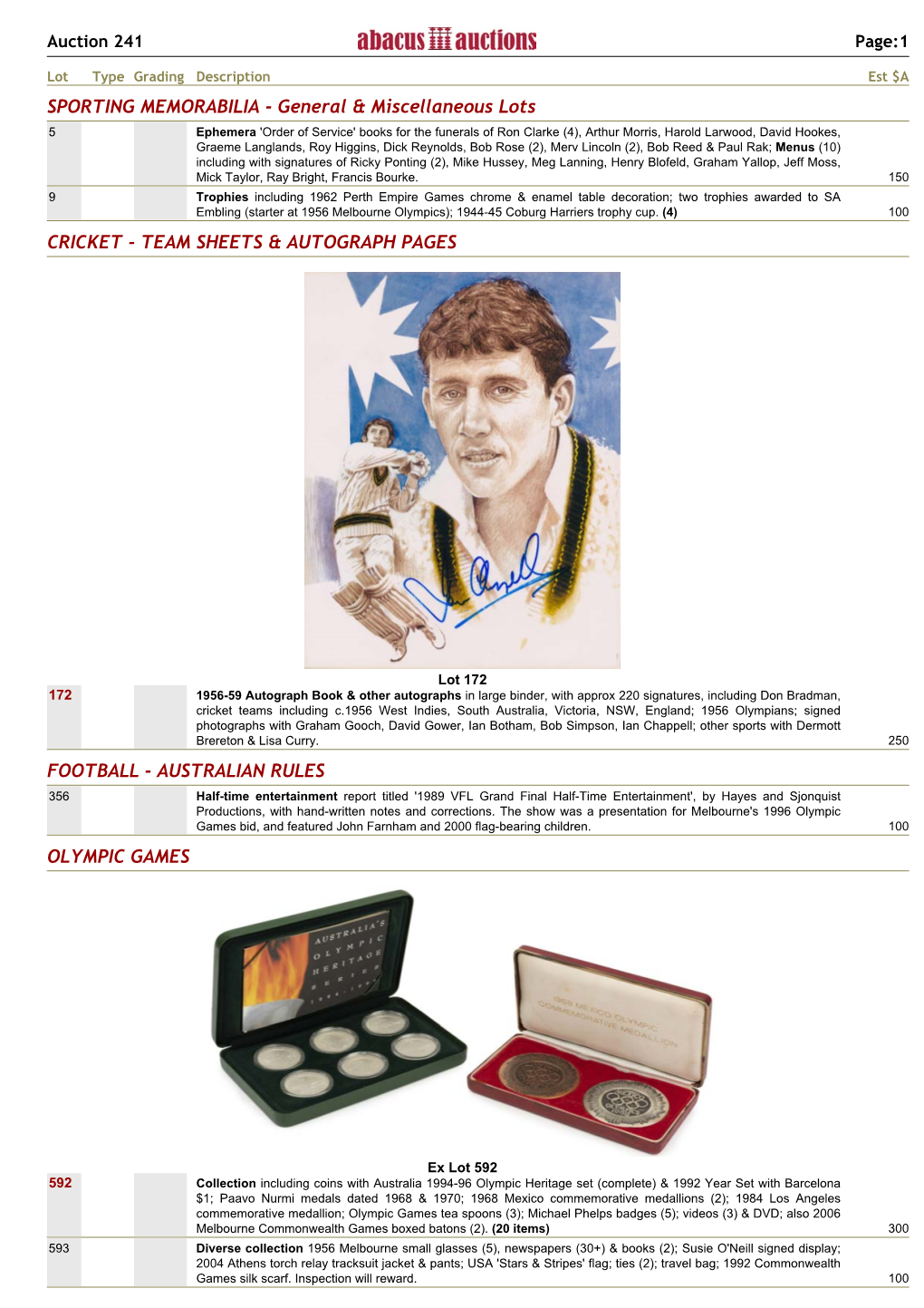 Xref Olympic Catalogue for Auction