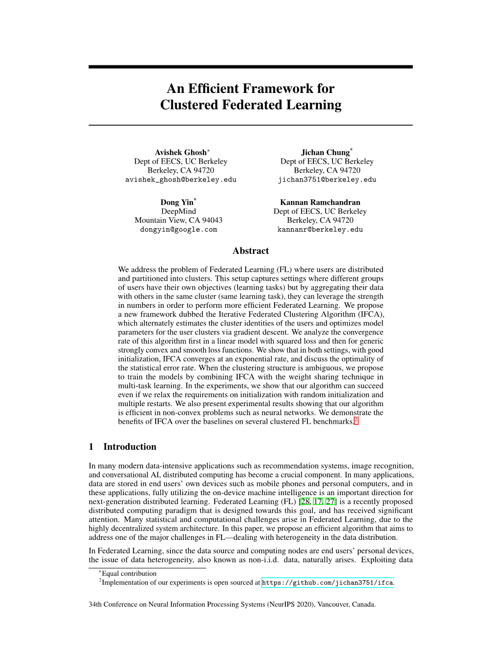 An Efficient Framework for Clustered Federated Learning