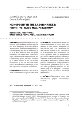 Monopsony in the Labor Market: Profit Vs. Wage Maximization**