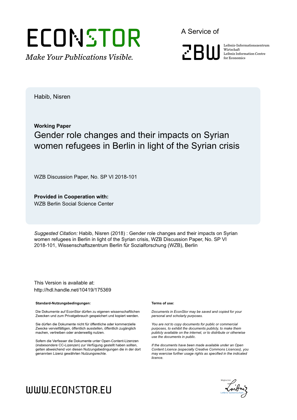 Gender Role Changes and Their Impacts on Syrian Women Refugees in Berlin in Light of the Syrian Crisis