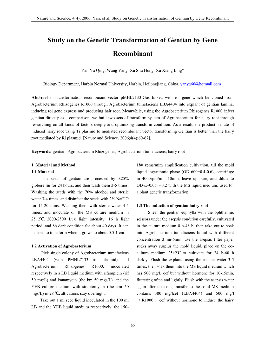 Study on the Genetic Transformation of Gentian by Gene Recombinant