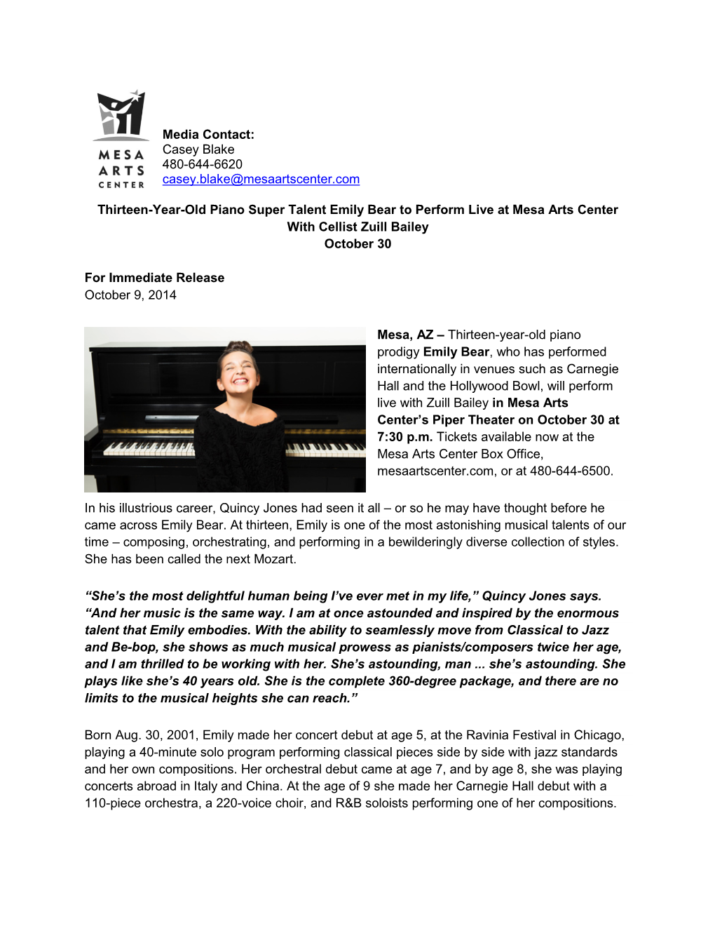 Thirteen-Year-Old Piano Super Talent Emily Bear to Perform Live at Mesa Arts Center with Cellist Zuill Bailey October 30