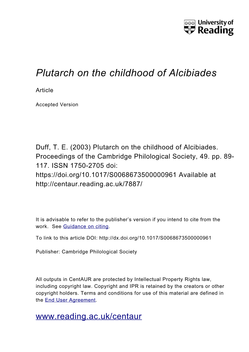 Plutarch on the Childhood of Alcibiades