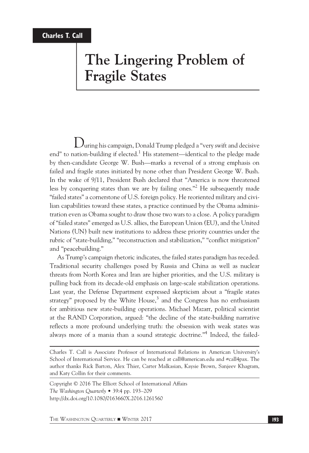 The Lingering Problem of Fragile States