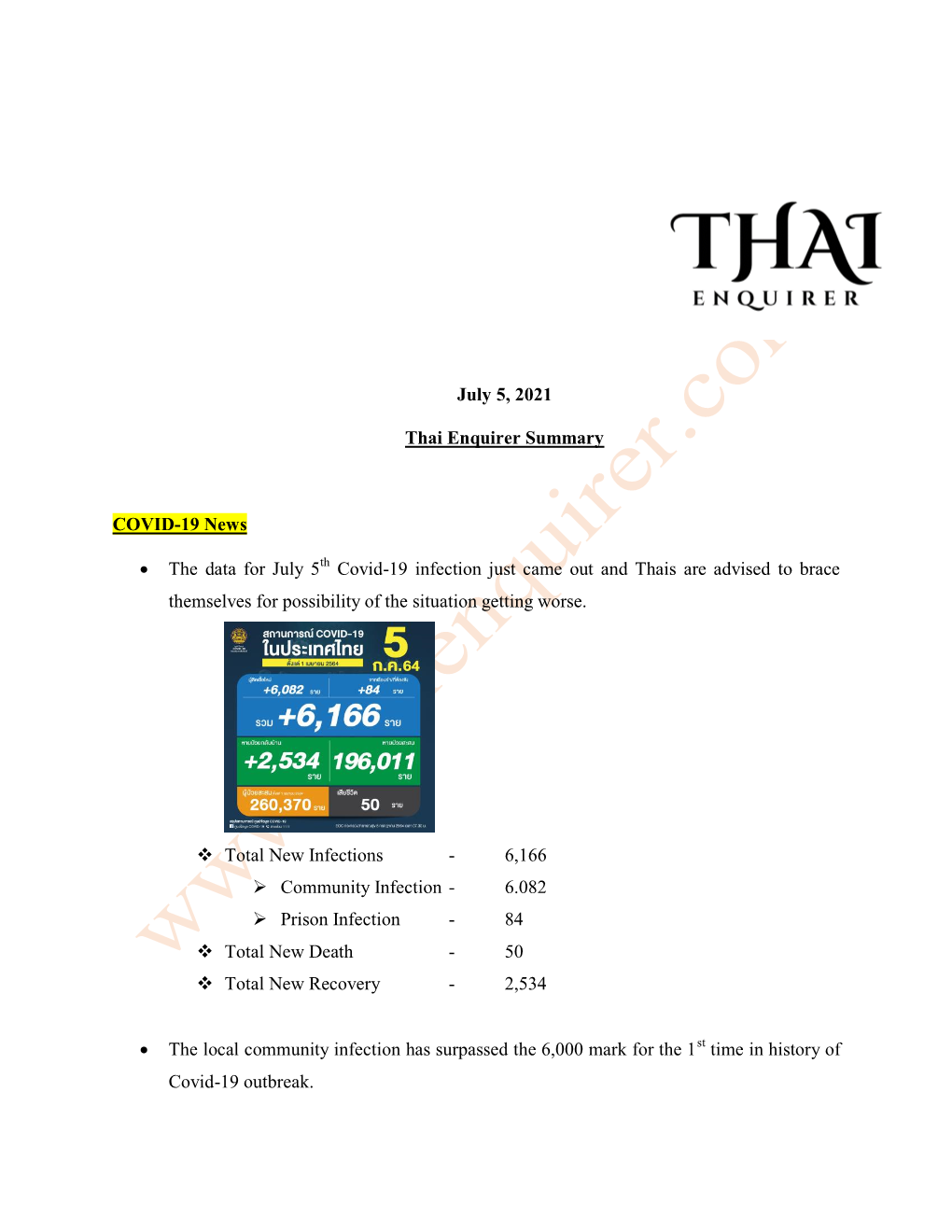July 5, 2021 Thai Enquirer Summary COVID-19 News • the Data for July 5 Covid-19 Infection Just Came out and Thais Are Advised
