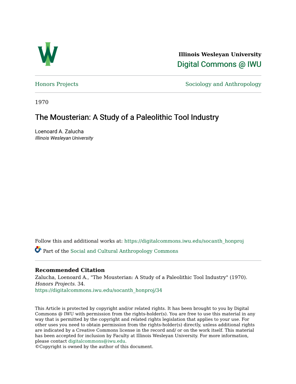 The Mousterian: a Study of a Paleolithic Tool Industry