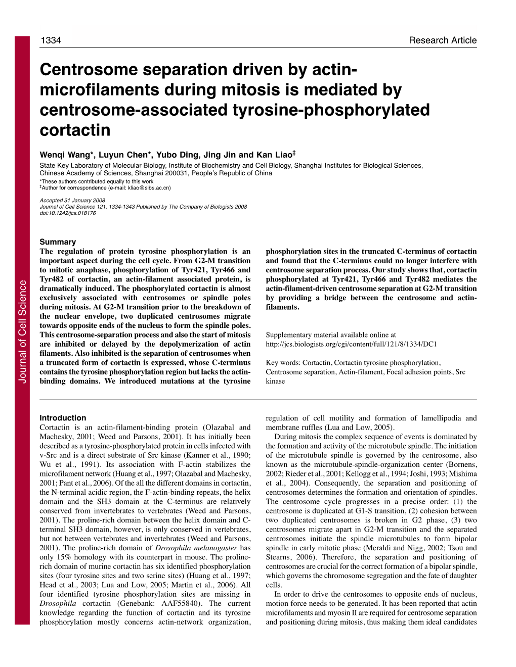 Centrosome Separation Driven by Actin- Microfilaments During Mitosis Is Mediated by Centrosome-Associated Tyrosine-Phosphorylated Cortactin