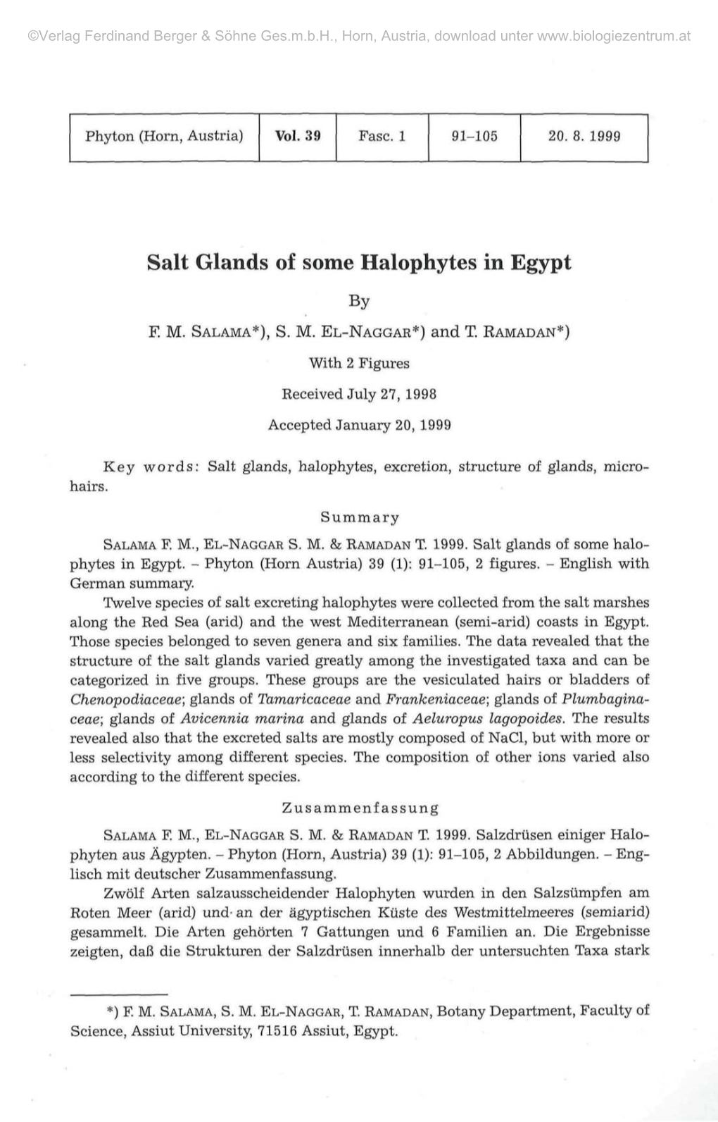 Salt Glands of Some Halophytes in Egypt