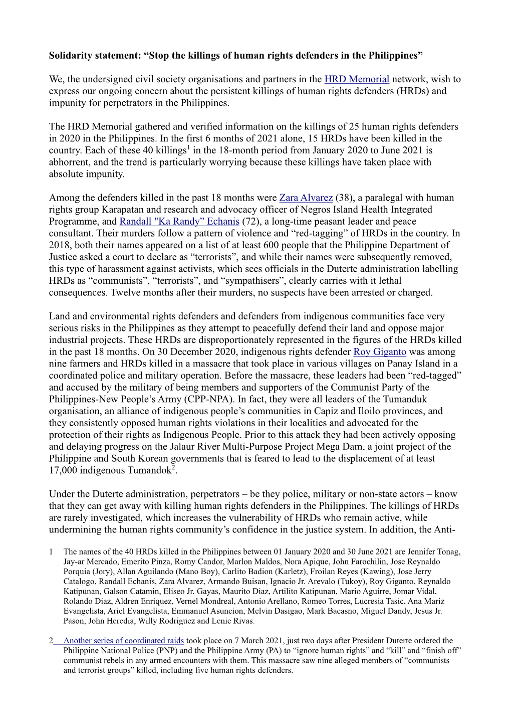 Stop the Killings of Human Rights Defenders in the Philippines”