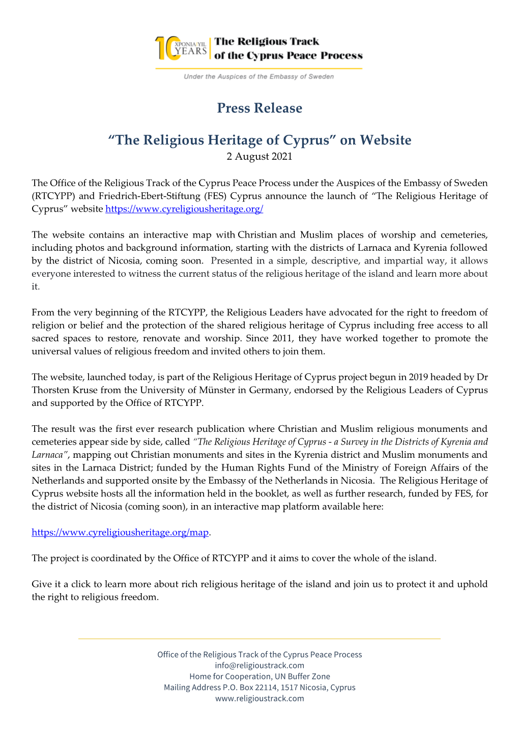 Press Release “The Religious Heritage of Cyprus” on Website